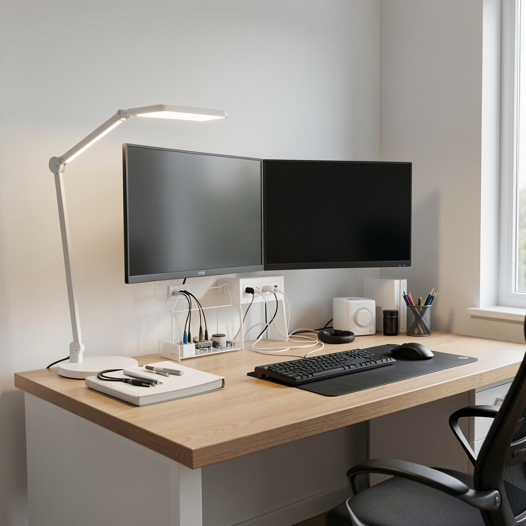 Escritorio de home office perfectamente organizado con soporte doble para monitor, lámpara LED arquitectónica, organizador de cables y accesorios de escritorio en tono blanco y madera