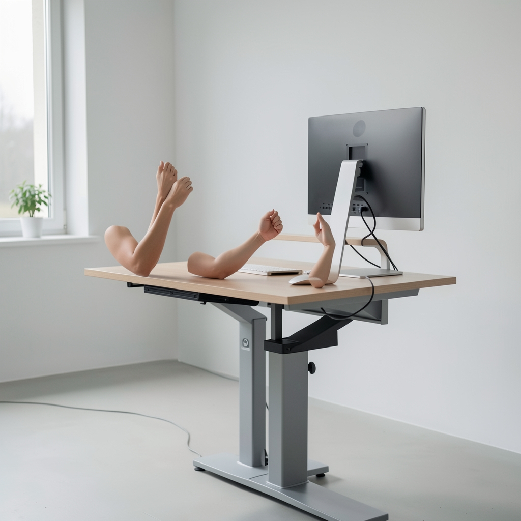 Diagrama de ajuste de altura de escritorio ergonómico mostrando el ángulo correcto de los codos a 90 grados, muñecas rectas y monitor al nivel de los ojos