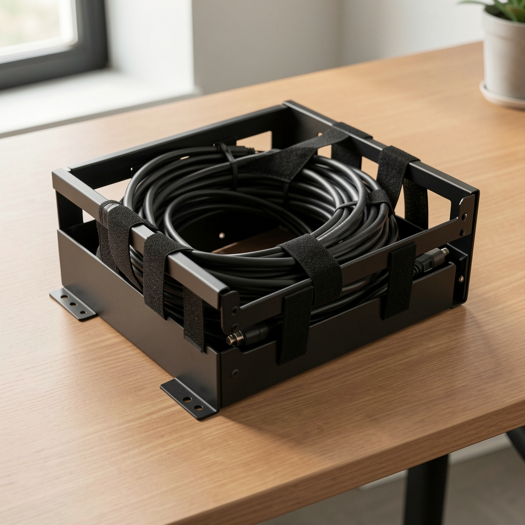 Bandeja organizadora de cables para escritorio en metal negro con abrazaderas de velcro, montaje inferior oculto bajo el tablero del escritorio