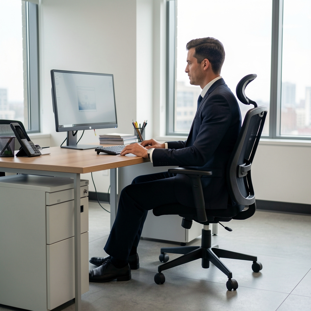 Persona en oficina con postura correcta frente a escritorio con monitor a altura de ojos, espalda apoyada en silla ergonómica y pies planos en el suelo