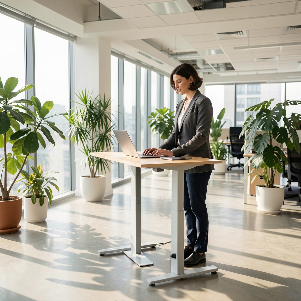 Persona de pie trabajando en un escritorio regulable en altura en una oficina amplia y luminosa con plantas y luz natural abundante