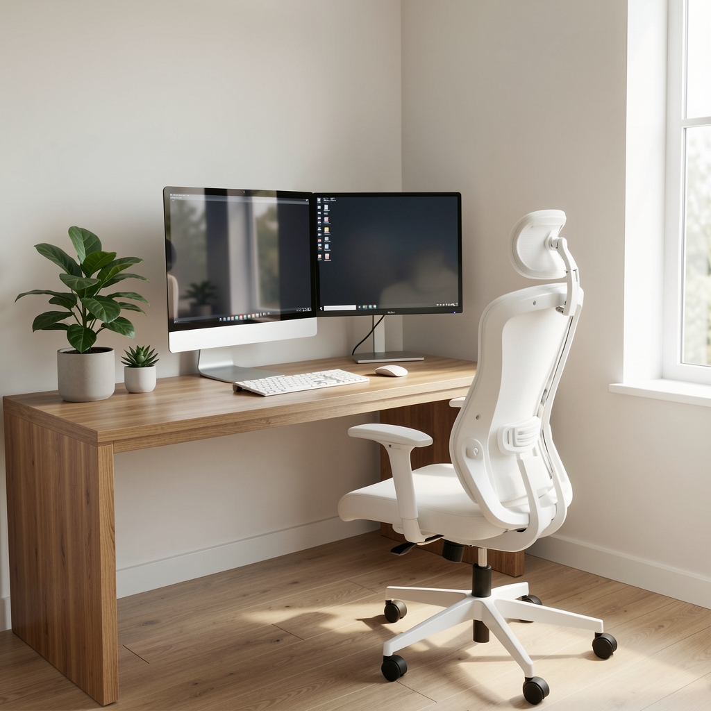 Setup de home office moderno con escritorio de madera, silla ergonómica blanca, plantas, iluminación natural y monitor doble en habitación luminosa
