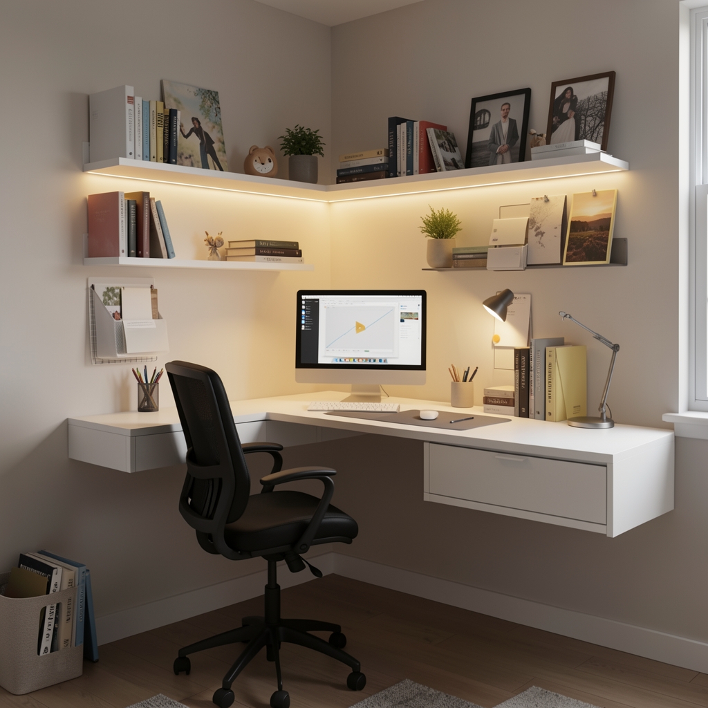 Home office compacto y organizado en habitación pequeña con escritorio flotante blanco, organizadores de pared y luz LED cálida