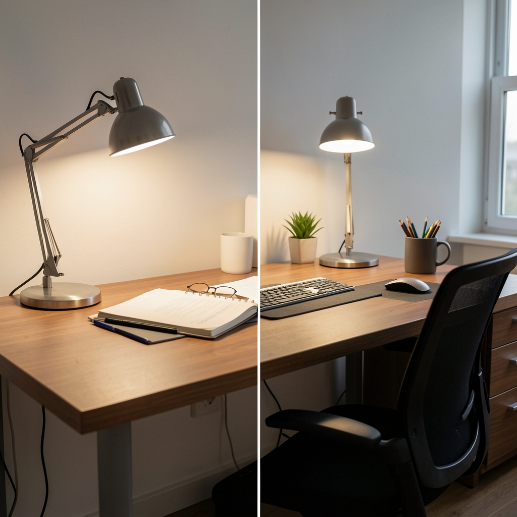 Comparativa de iluminación de escritorio correcta versus incorrecta mostrando distribución de luz, ángulos y sombras en espacio de trabajo