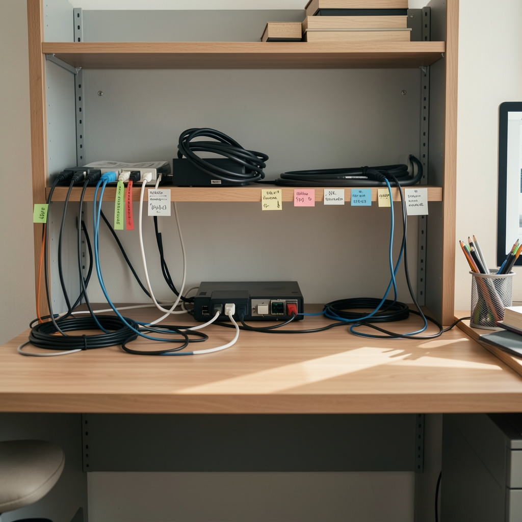 Escritorio perfectamente organizado con cables ordenados, bandeja bajo tablero, etiquetas identificadoras y sin cables a la vista