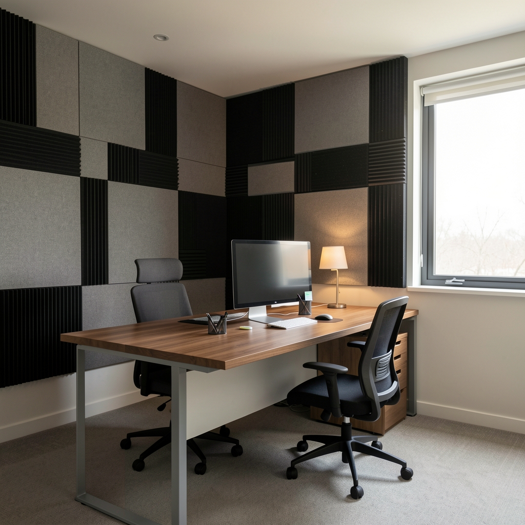 Sala de trabajo acústicamente tratada con paneles de absorción de sonido en pared, mostrando reducción de eco y reverberación en oficina privada