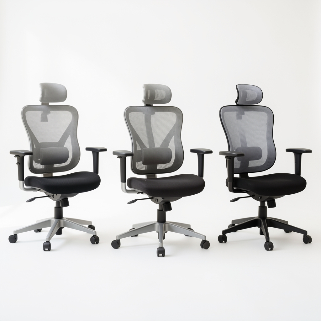 Comparativa de tres sillas ergonómicas de oficina en línea sobre fondo blanco, mostrando diferencias de diseño en soporte lumbar y reposabrazos