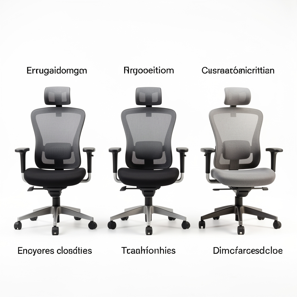 Comparativa de tres sillas ergonómicas de oficina de alta gama vistas de frente sobre fondo blanco con etiquetas de sus características principales