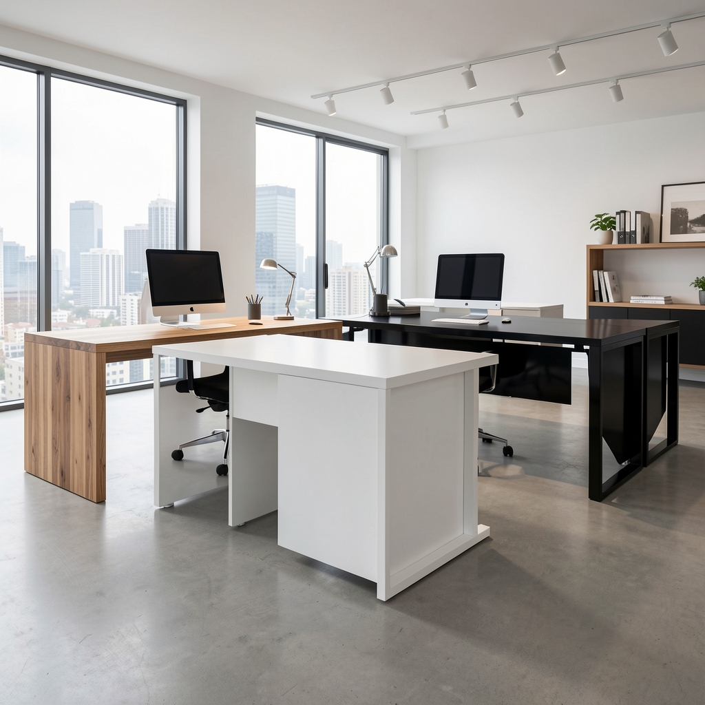 Colección de escritorios modernos para oficina mostrando modelos en diferentes materiales: madera maciza, MDF blanco y metal lacado negro, dispuestos en showroom luminoso