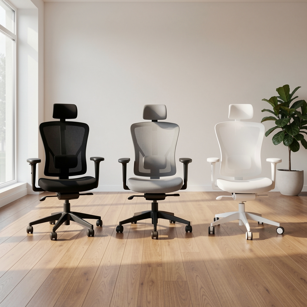Exposición de tres sillas ergonómicas premium de oficina en colores negro, gris y blanco sobre piso de madera en sala de muestra iluminada con luz natural
