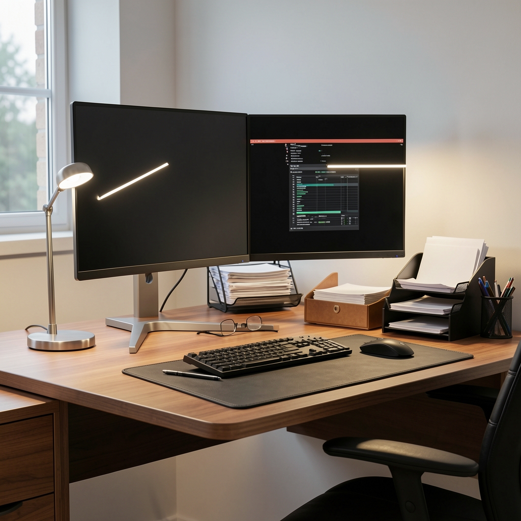 Escritorio organizado con soporte para monitor dual, lámpara LED de escritorio, organizador de papelería y mouse pad extendido de cuero negro
