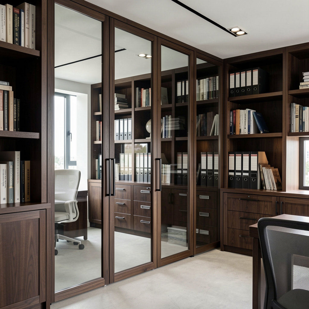 Biblioteca de madera oscura con puertas de vidrio y archivadores ordenados en una oficina ejecutiva de diseño moderno