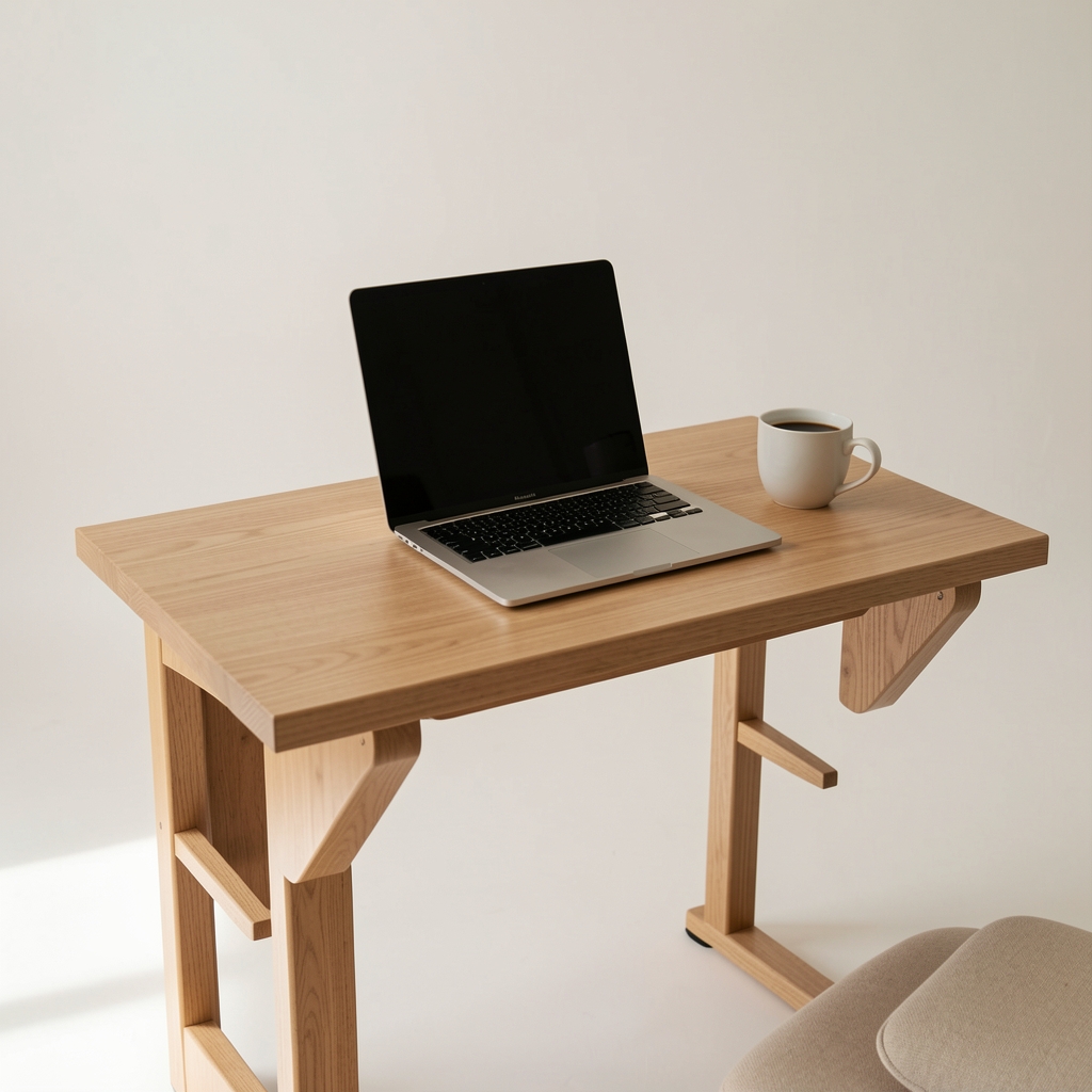 Escritorio regulable en altura de madera natural sobre fondo claro con laptop y taza de café en un home office minimalista