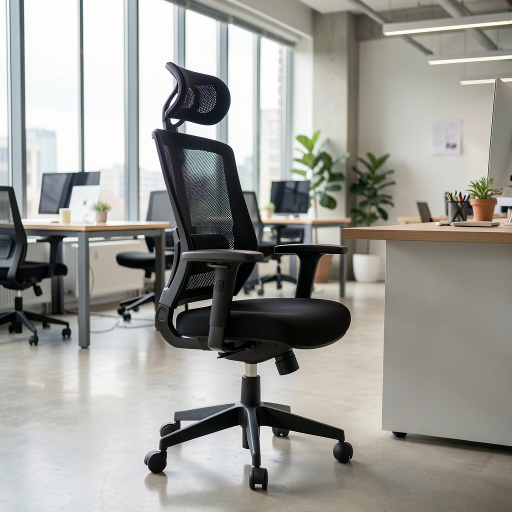 Silla ergonómica de malla negra con reposacabezas y apoyabrazos ajustables vista desde un ángulo lateral en una oficina contemporánea