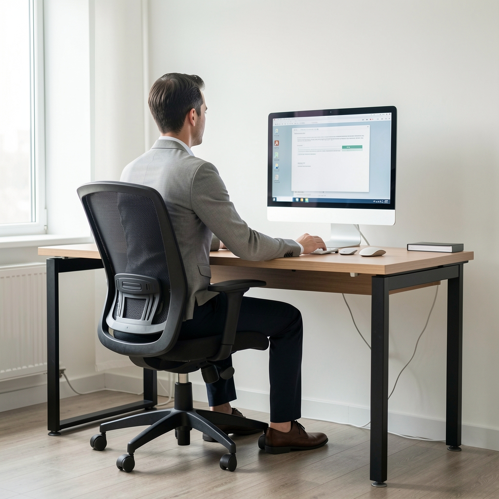 Ilustración técnica de postura ergonómica correcta frente al escritorio: espalda recta, monitor al nivel de los ojos, pies en el suelo, brazos en ángulo de 90 grados