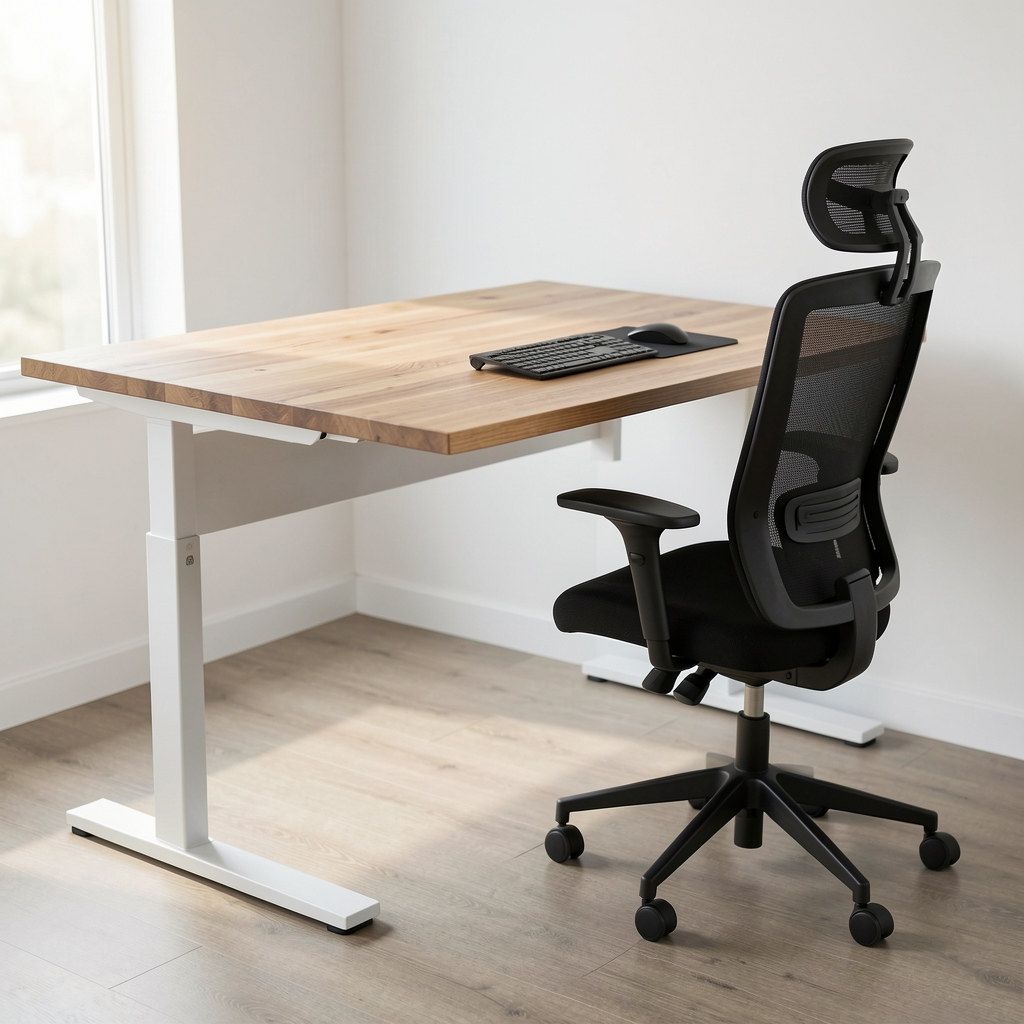 Escritorio regulable en altura eléctrico de tablero de madera natural con marco de acero blanco, ideal para trabajo en par con la ErgoChair Pro Plus
