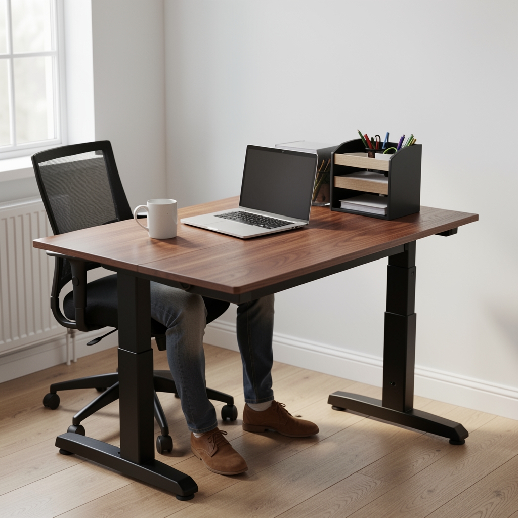 Escritorio StandDesk SD-Pro 140 en posición sentada con laptop, taza y organizador sobre tablero de madera roble