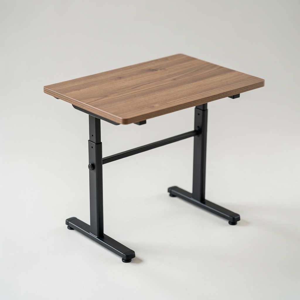 Escritorio regulable en altura eléctrico FlexDesk E-120 con tablero de madera de roble y estructura metálica negra, mostrado en posición de pie