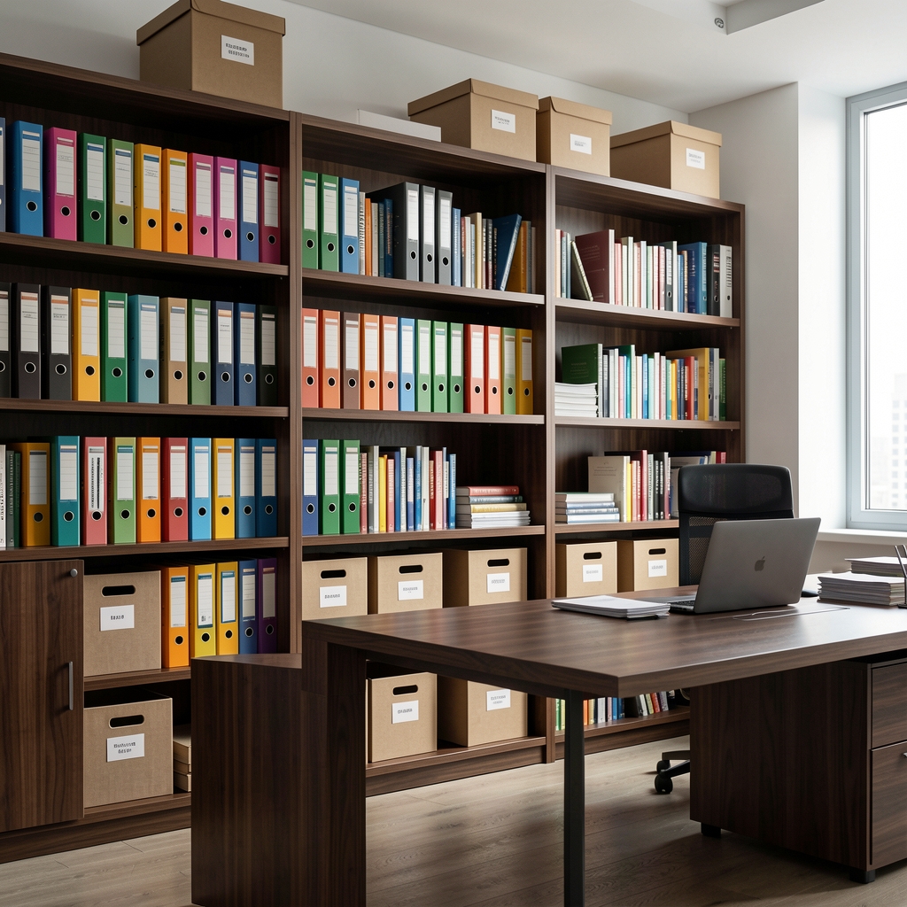 Biblioteca de oficina moderna de madera oscura con archivadores de colores, libros y cajas organizadoras etiquetadas en una oficina ejecutiva ordenada