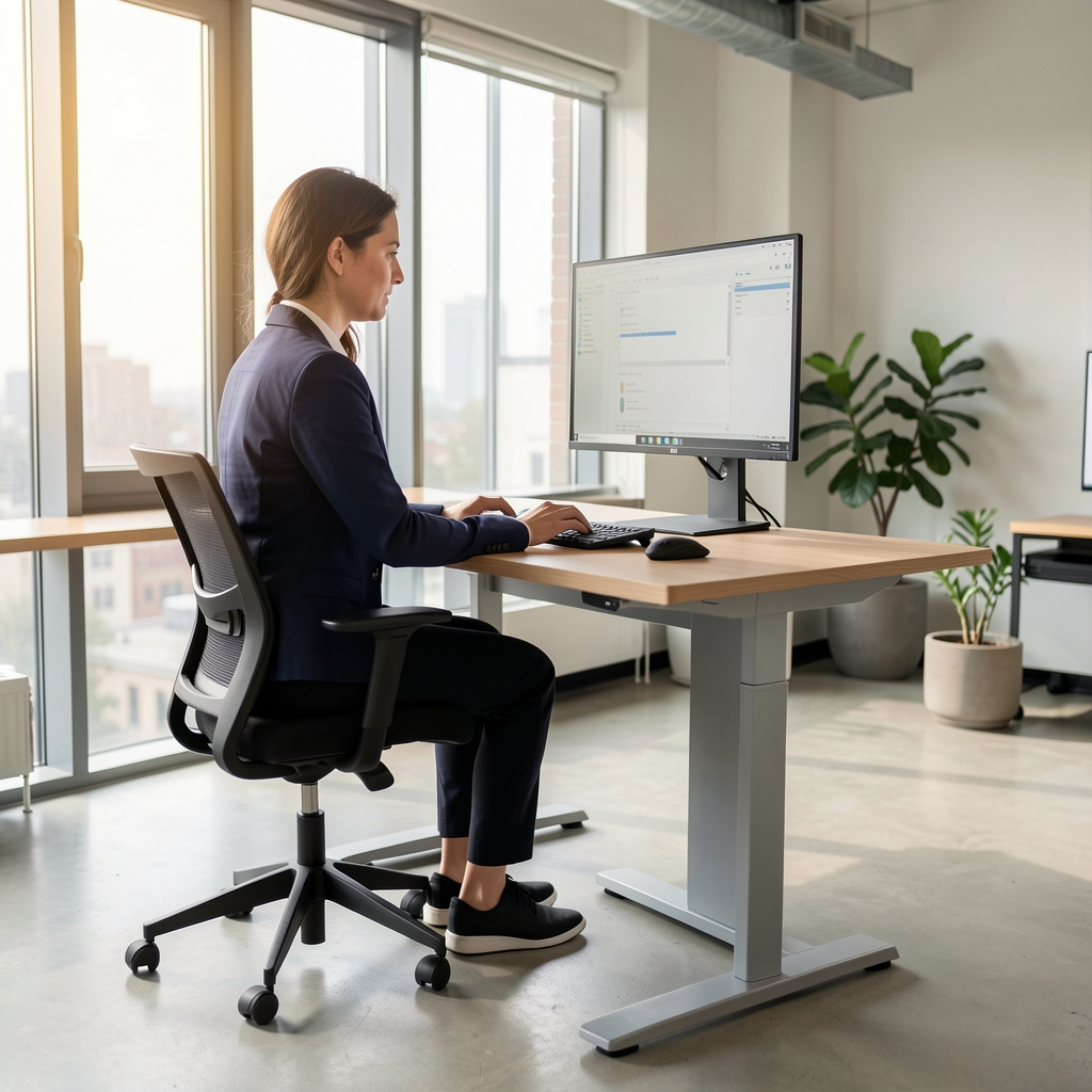 Persona trabajando con postura perfectamente ergonómica frente a escritorio regulable en posición de pie con monitor al nivel de los ojos en oficina contemporánea