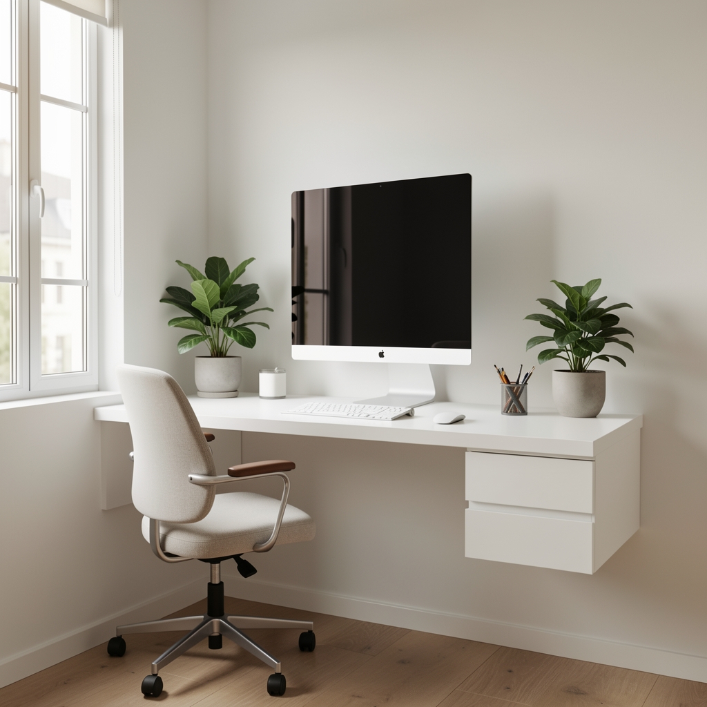 Espacio de home office compacto perfectamente organizado con escritorio flotante blanco, monitor elevado, planta y luz natural entrando por ventana lateral