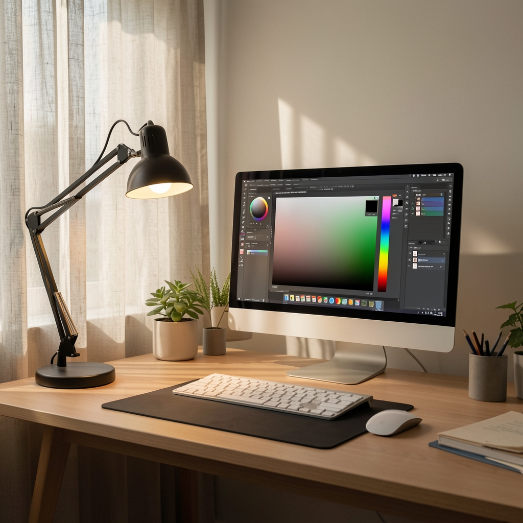 Escritorio de diseñador con lámpara de arquitecto LED, pantalla con color calibrado y cortina de lino que difunde la luz solar evitando reflejos en el monitor