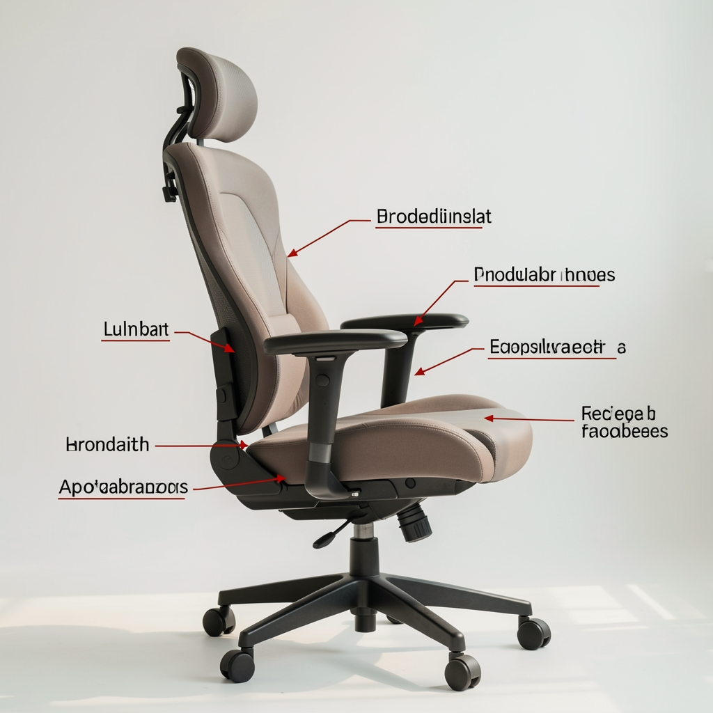 Vista lateral detallada de silla ergonómica premium con flechas indicando puntos de ajuste: altura, profundidad, lumbar, apoyabrazos y reposacabezas