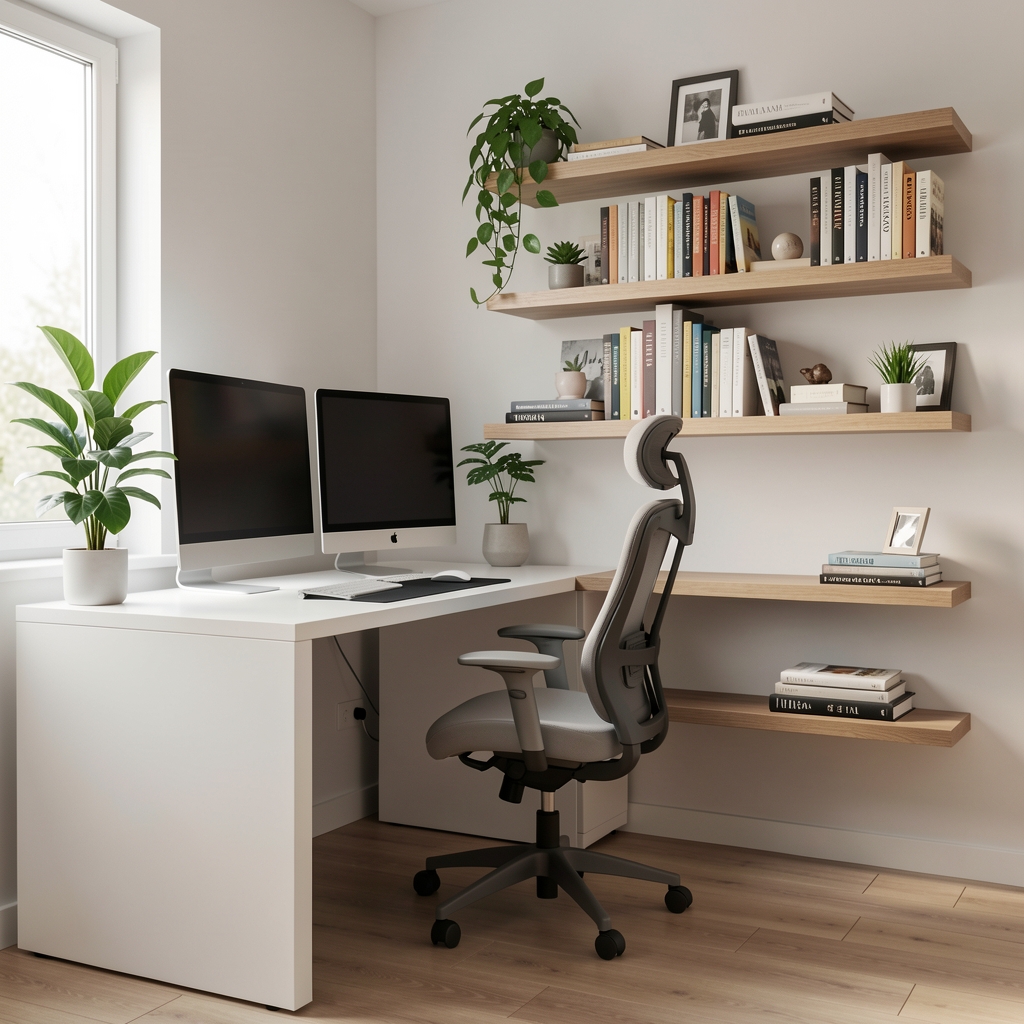 Home office moderno y bien organizado con escritorio blanco en L, silla ergonómica gris, dos monitores, planta verde y estantería flotante con libros y decoración