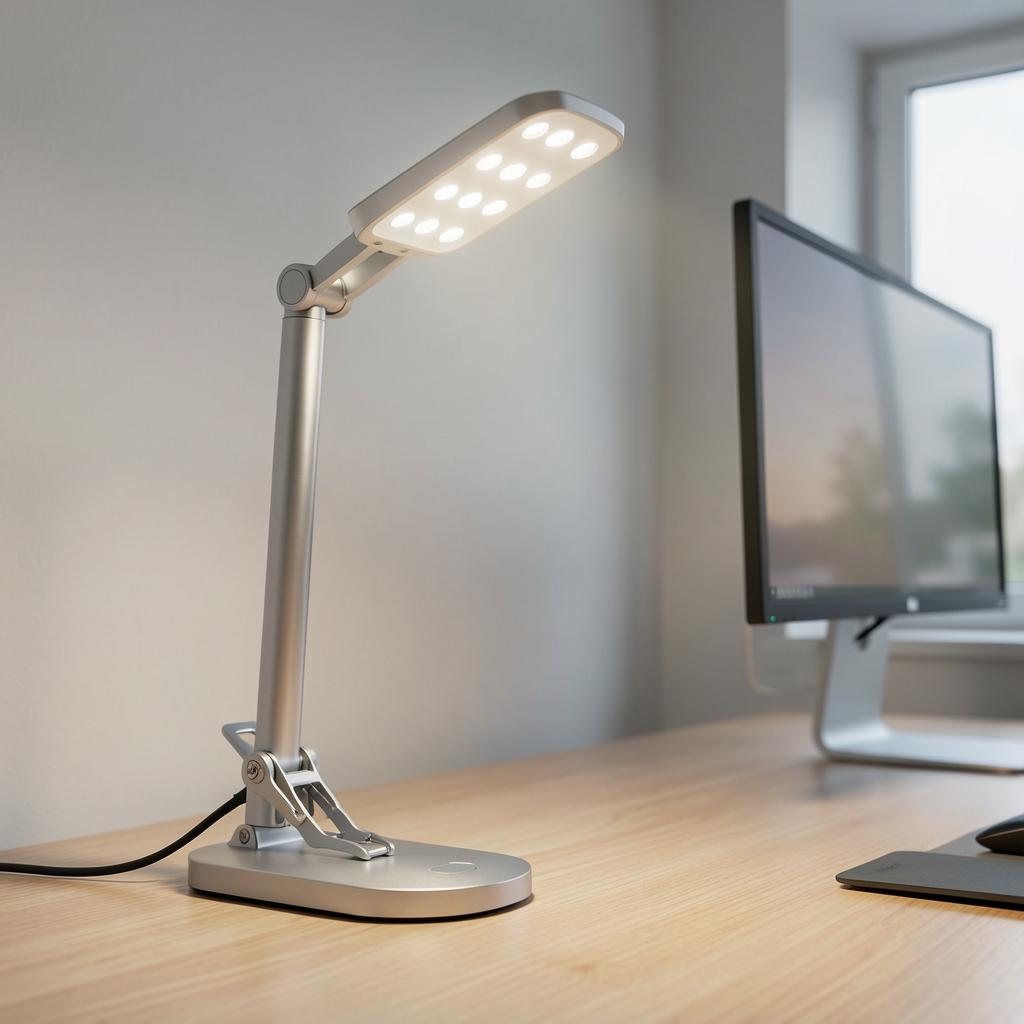 Lámpara de escritorio con clip de sujeción en aluminio plateado, cabezal LED orientable con 5 niveles de brillo, ideal para monitores de doble pantalla