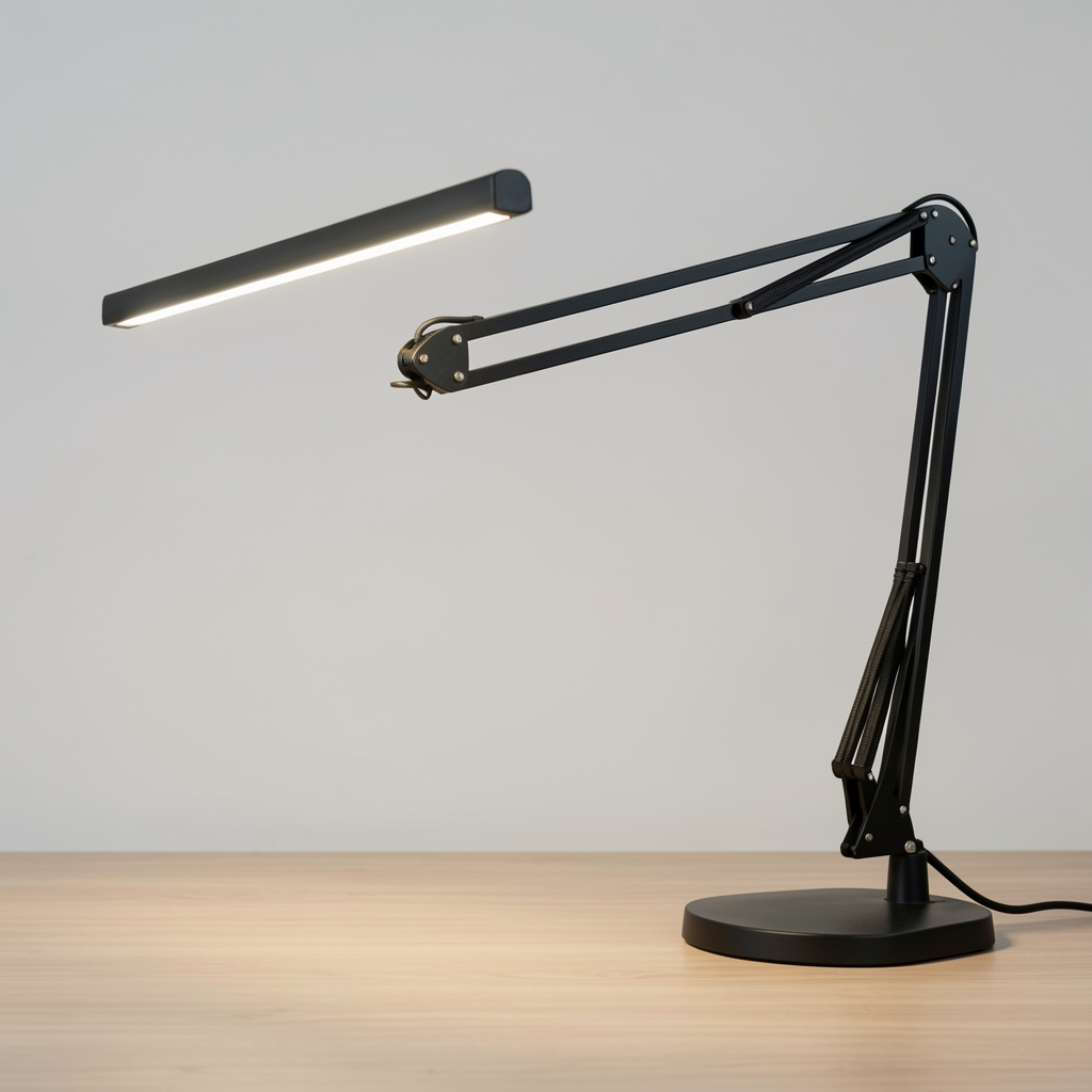 Lámpara LED de escritorio articulada en aluminio negro con brazo extensible, temperatura de color 2700K–6500K regulable y puerto USB de carga en la base