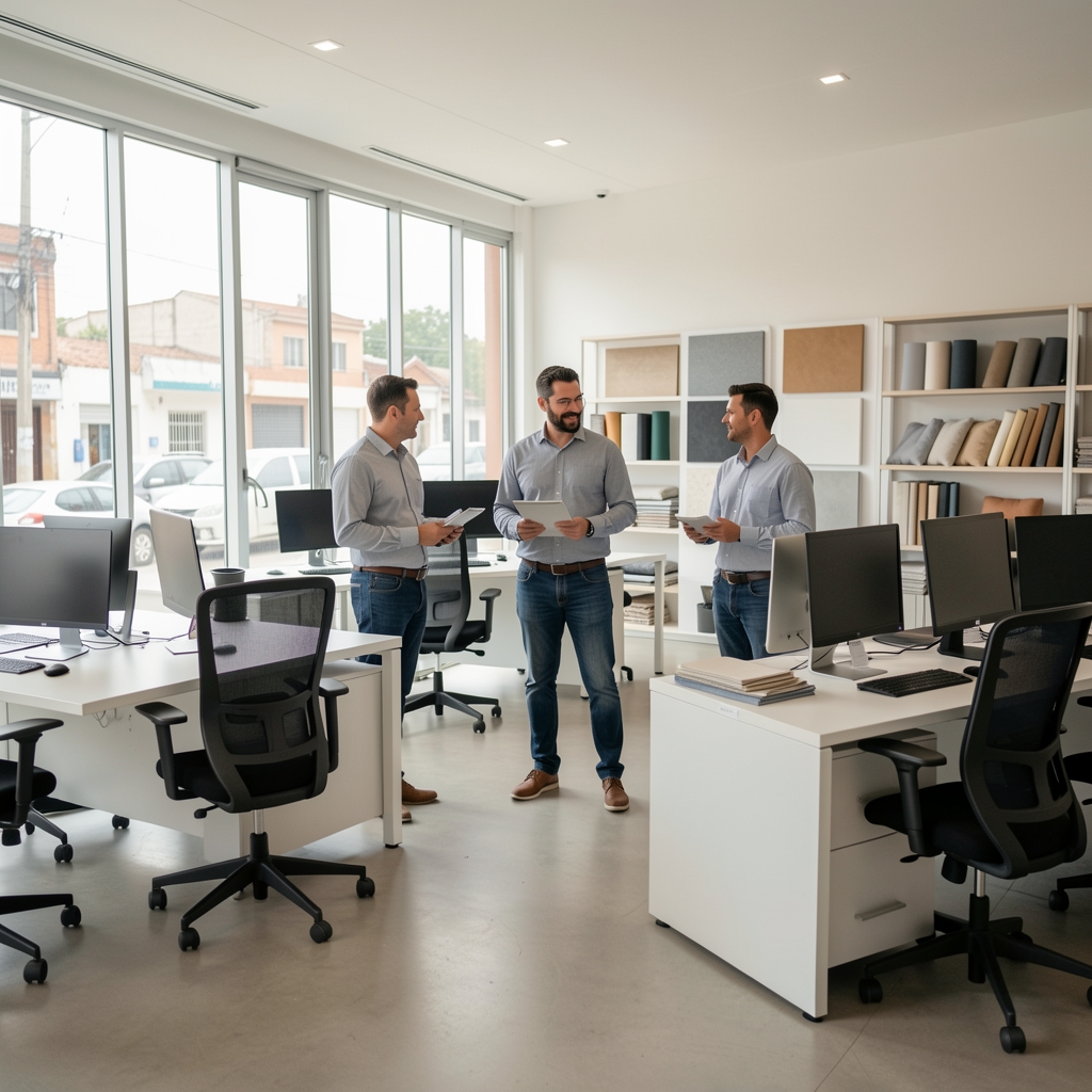 Equipo de trabajo de Ergofixa en su showroom de Rosario rodeado de escritorios ergonómicos, sillas de oficina y muestras de materiales de alta calidad