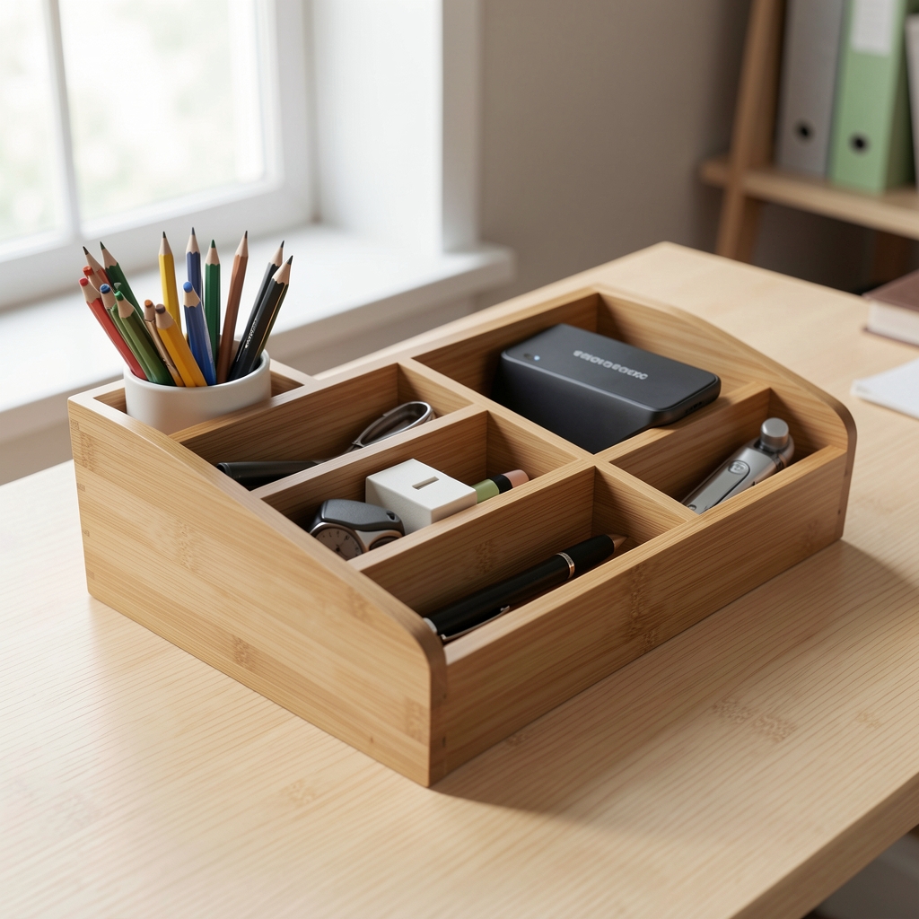 Organizador de escritorio modular de bambú natural con compartimentos para lápices, teléfono, tarjetas y clips sobre escritorio de madera clara