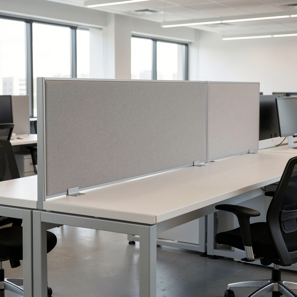 Separador acústico de escritorio en tela gris perla con estructura de aluminio, divisor de privacidad entre puestos de trabajo en open office