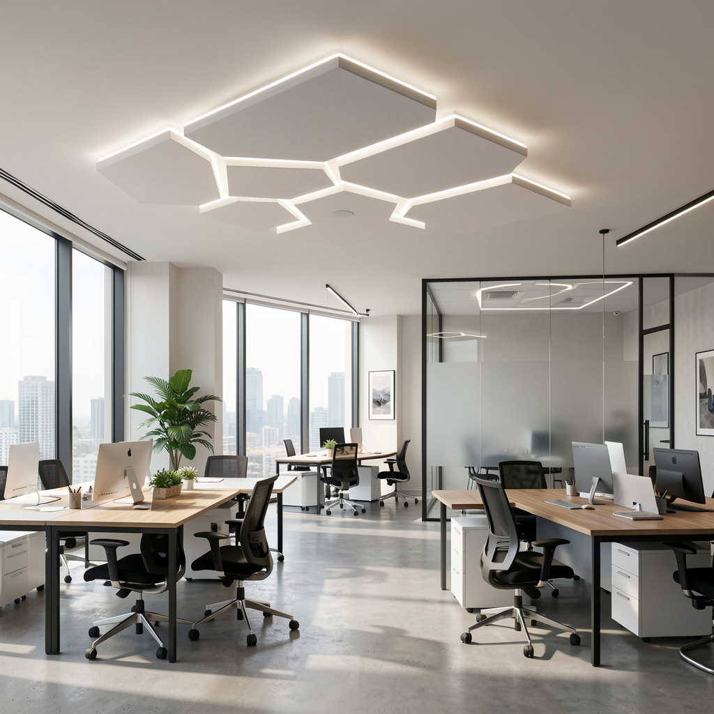 Panel acústico colgante de techo en forma hexagonal color blanco en oficina contemporánea con iluminación LED integrada para oficinas corporativas
