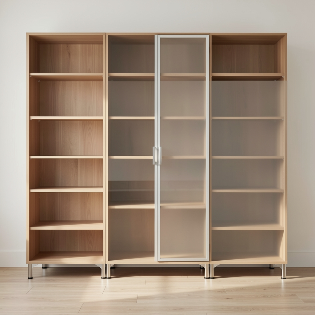 Biblioteca modular de 5 estantes en melamina color wengué con puertas batientes de cristal esmerilado y patas metálicas niqueladas