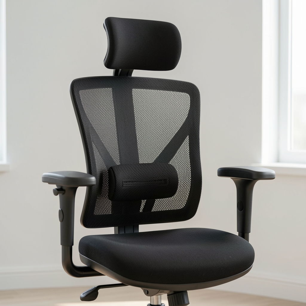 Silla ergonómica de malla transpirable con soporte lumbar ajustable, reposacabezas de espuma viscoelástica y apoyabrazos 4D en color negro carbón