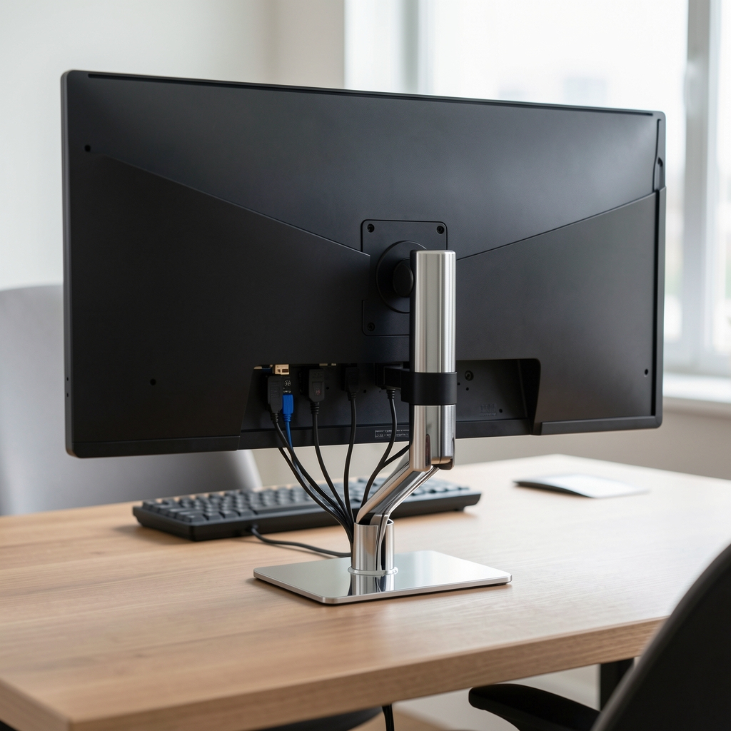Soporte articulado de doble brazo para monitores de hasta 32 pulgadas fijado a escritorio, con gestión de cables integrada y base tipo abrazadera cromada