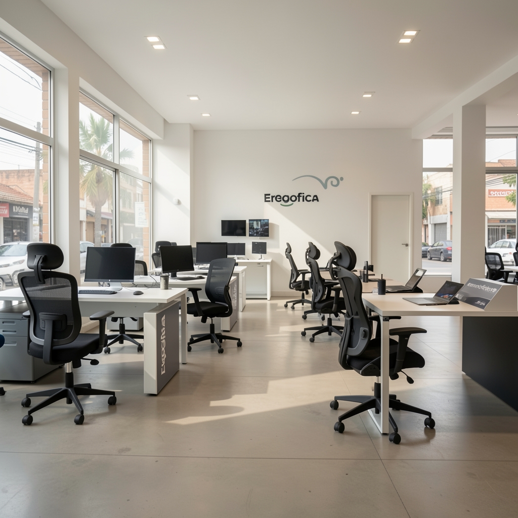 Interior del showroom Ergofixa en Rosario con escritorios exhibidos, sillas ergonómicas en exposición y zonas de prueba iluminadas con luz natural