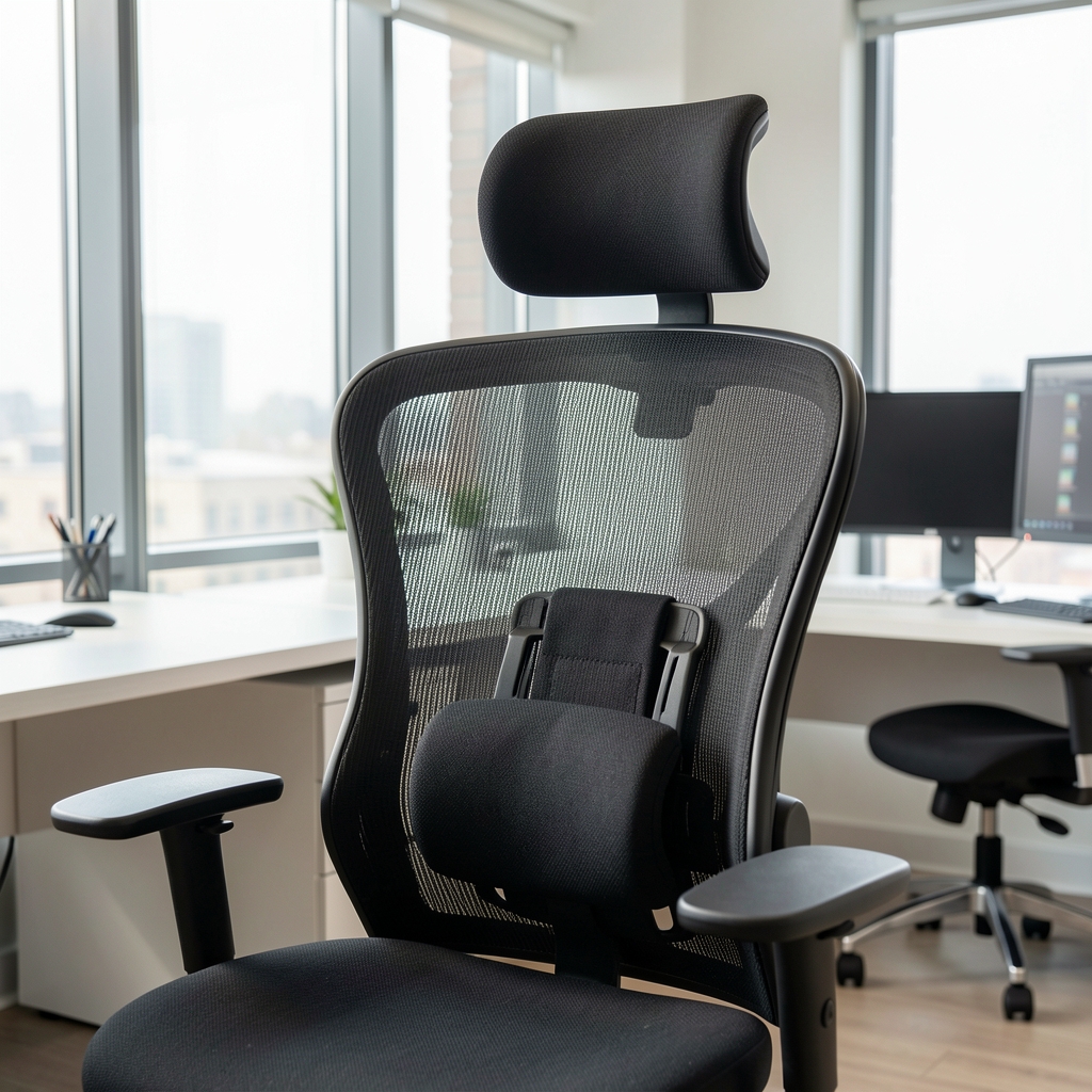 Detalle del mecanismo de ajuste lumbar y reposacabezas desmontable de la ErgoChair Pro Plus en oficina bien iluminada