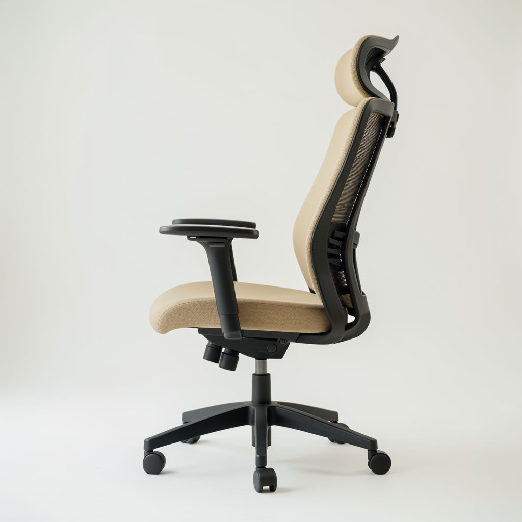 Vista lateral de la ErgoChair Pro Plus mostrando el soporte lumbar ajustable y la inclinación del respaldo de 90 a 135 grados