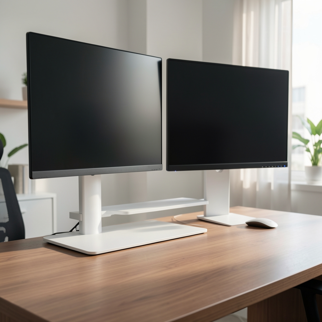 Soporte combinado para laptop y monitor separados, fabricado en aluminio anodizado blanco, ideal para setups de home office en Argentina