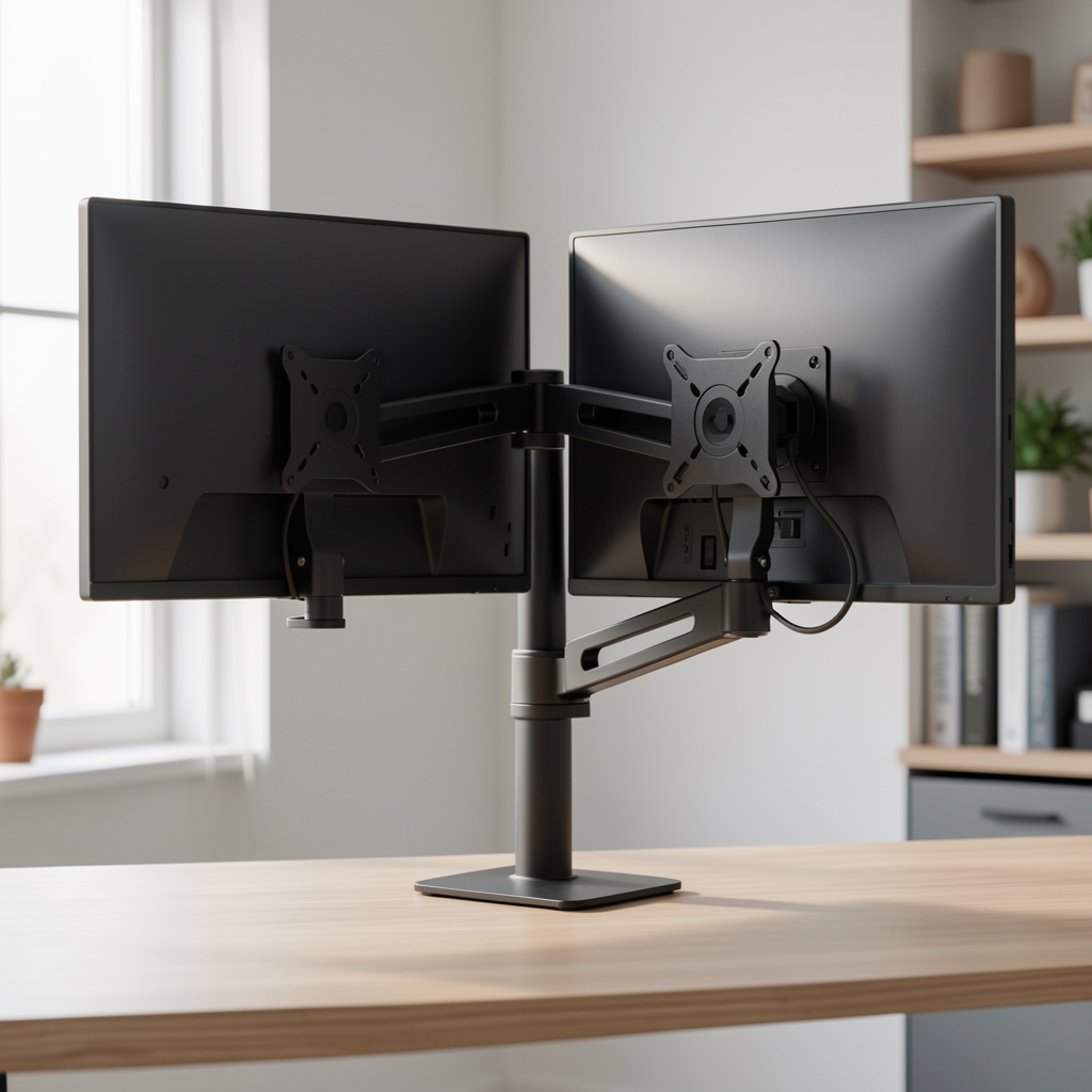 Soporte doble para monitor con brazos articulados en aluminio negro, sistema de gestión de cables integrado, compatible con VESA 100x100