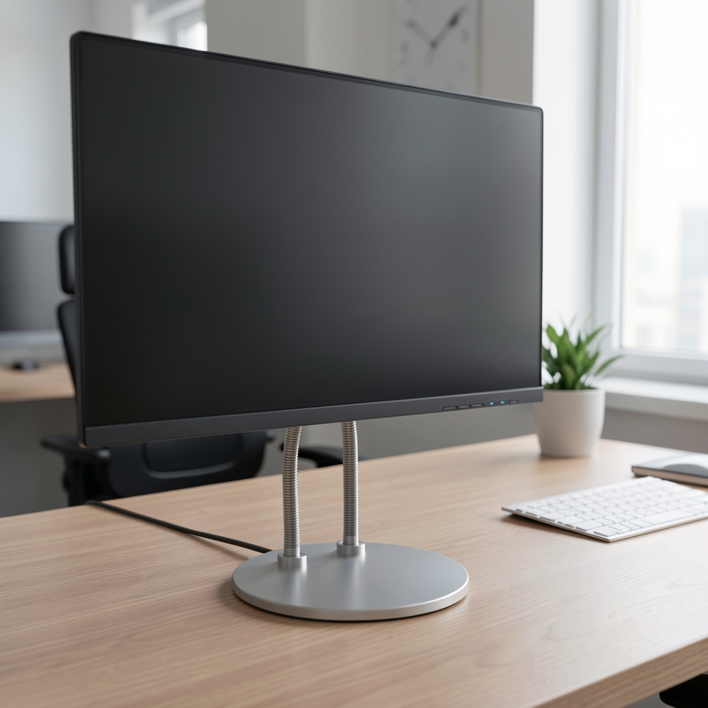 Soporte simple para monitor con cuello de cisne flexible en acero plateado, base circular antideslizante para escritorio de oficina