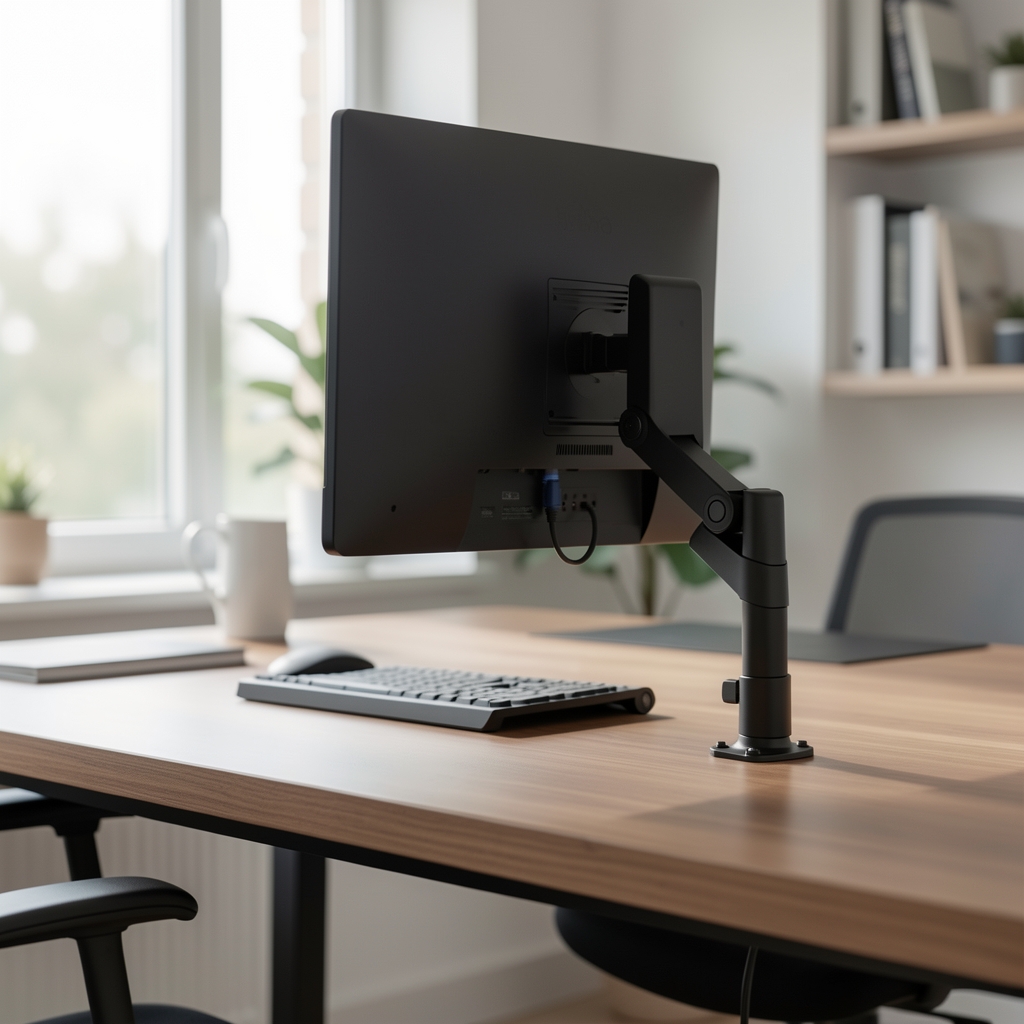 Soporte articulado para monitor ErgoPro A1 de aluminio negro montado en borde de escritorio